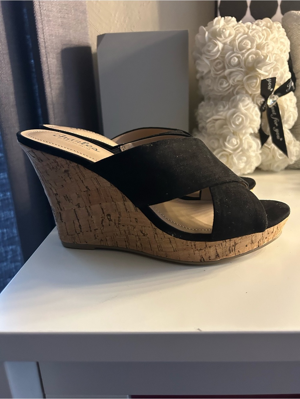 Charles David Black Cork Wedge Slide Sandals - Women